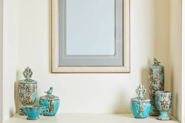 Picture Frame Turquoise Set Shelf — Stock Photo, Image