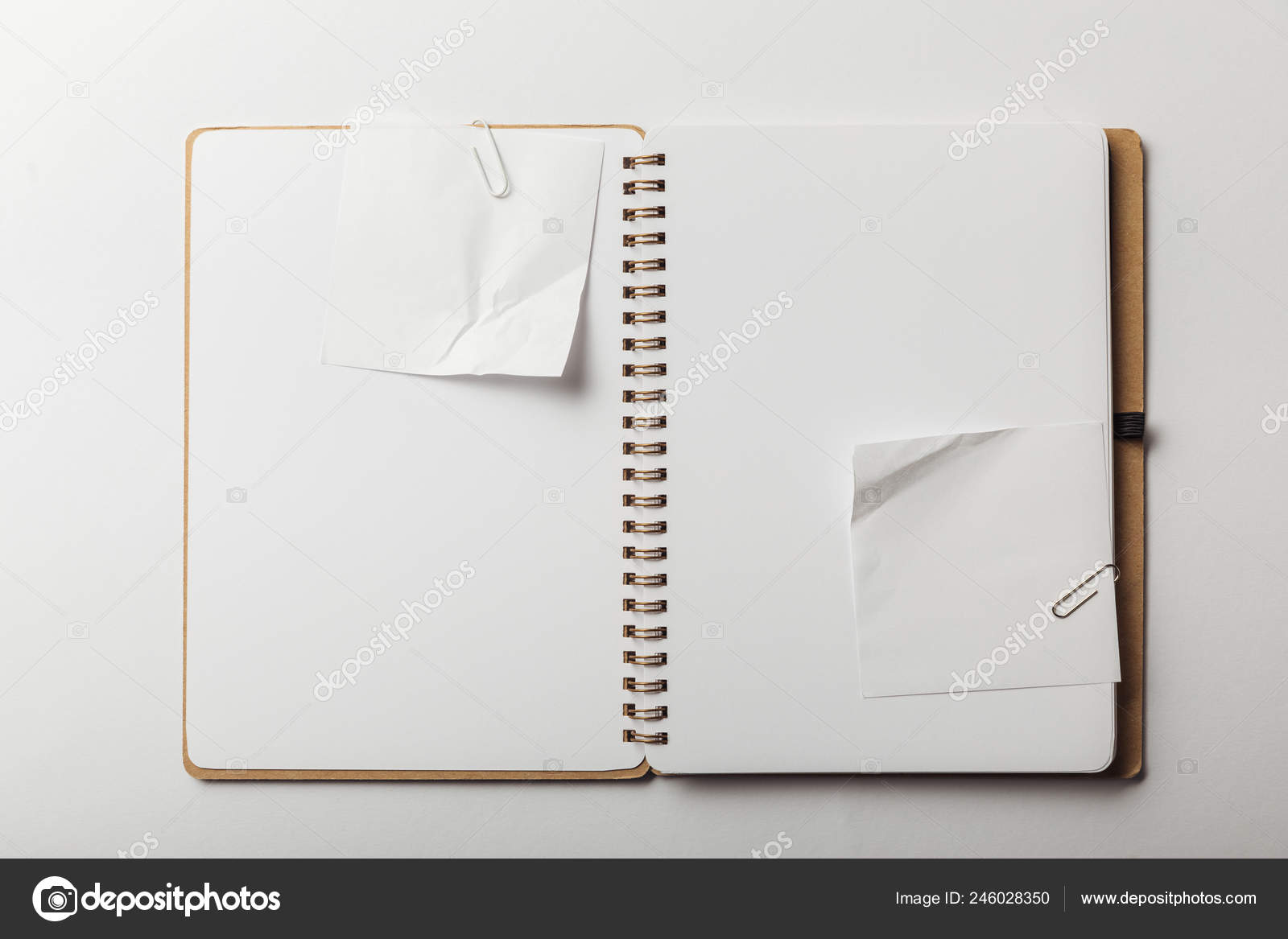 Top View Notebook White Sticky Notes Paper Clips White Background Stock Photo Image By C Antonmatyukha