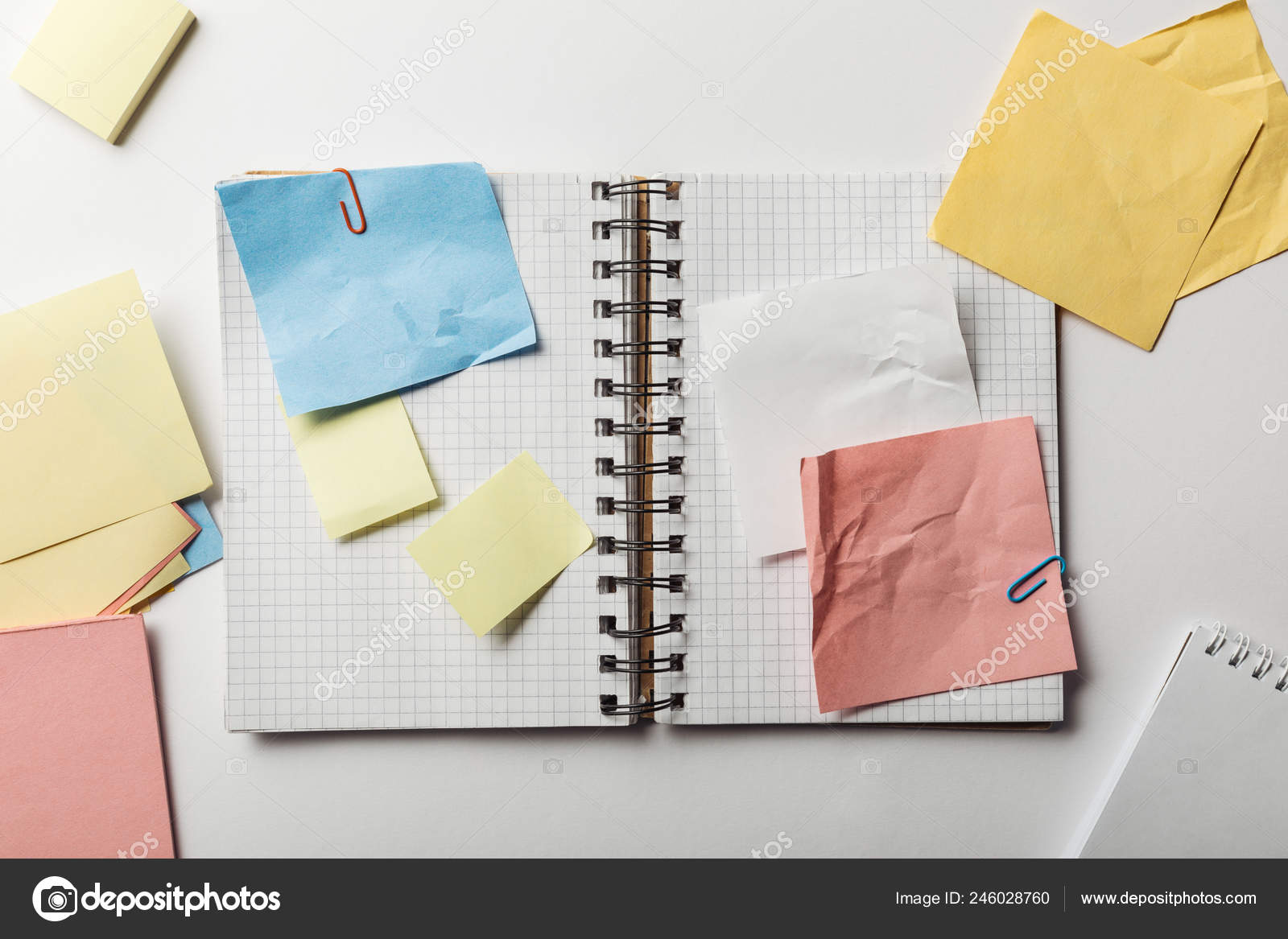 Top View Opened Notebook Squared Papers Crumpled Sticky Notes White Stock Photo Image By C Antonmatyukha