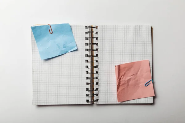 Top View Opened Notebook Squared Papers Crumpled Blue Pink Sticky — Stock Photo, Image