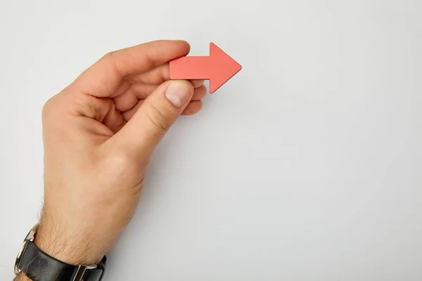 Cropped View Man Holding Red Pointer Grey Background — Stock Photo, Image