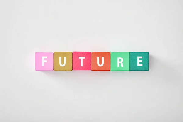 Vista Superior Futuro Feito Cubos Multicoloridos Fundo Cinza — Fotografia de Stock