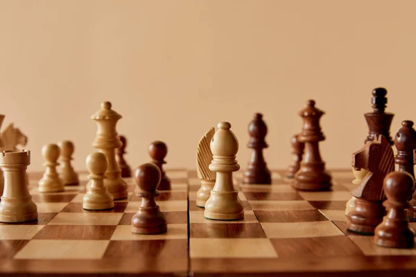 Selective Focus Wooden Chess Board Beige Background — Stock Photo, Image