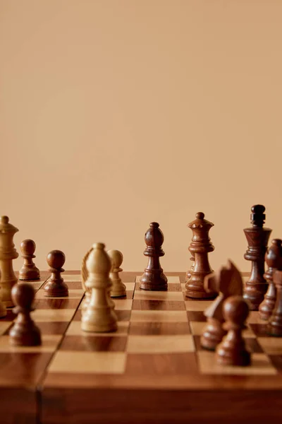 Selective Focus Chess Wooden Chess Board Beige Background — Stock Photo, Image