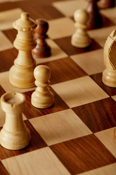 Selective Focus Wooden Chess Pieces Chess Board — Stock Photo, Image
