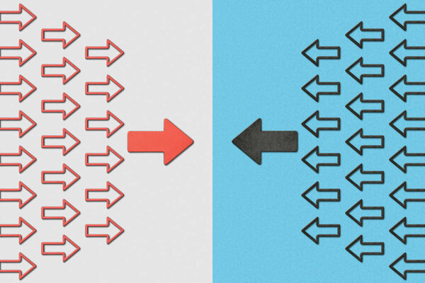 top view of horizontal opposite red and black pointers on blue and grey background