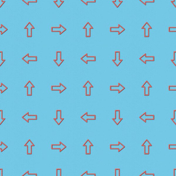 collage of seamless background pattern with red pointers in different directions on blue background 