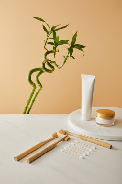 diş macunu tüpü, kozmetik krem, bambu diş fırçaları ve kulak tablo, yeşil bambu bej renkli arka plan üzerinde sopa