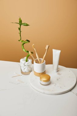 Bambu diş fırçası tutucu, kozmetik krem ve yeşil bambu kök bej renkli arka plan üzerinde vazoda yakınındaki yuvarlak tahta üzerinde tüp diş macunu