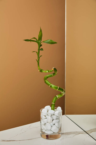 bamboo stem in vase with stones and mirror on white marble table and beige background