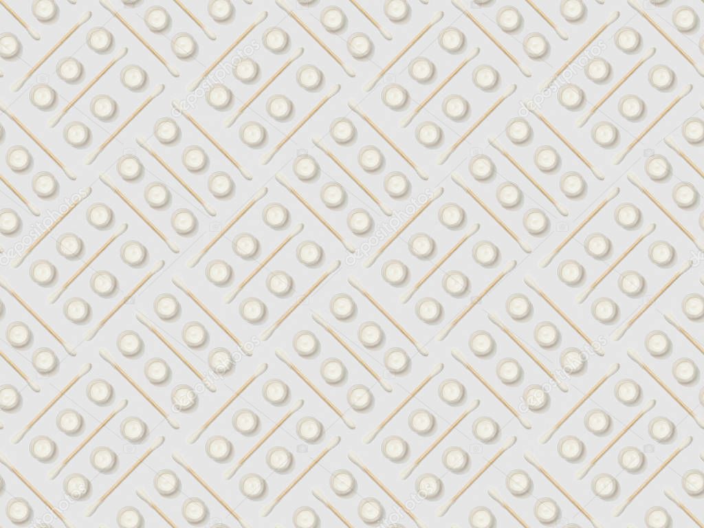 ear sticks and cosmetic cream in containers on grey background, seamless background pattern