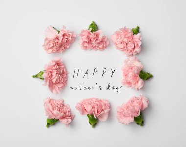 mutlu anneler günü yazı beyaz zemin üzerine pembe karanfil çiçek çerçevenin üstten görünüm yapılmış