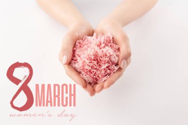 pembe karanfil ve 8 Mart illüstrasyon kadın elleriyle kısmi görünümünü