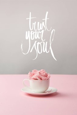 pink carnation flowers in white cup on saucer on grey background with trust your soul lettering clipart
