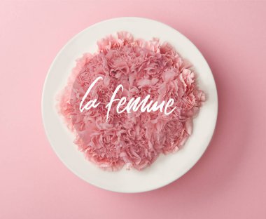 top view of pink carnation flowers in white plate on pink background with la femme lettering clipart