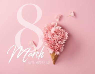 8 Mart çizim ile pembe arka plan üzerinde pembe karanfil çiçek Üstten Görünüm