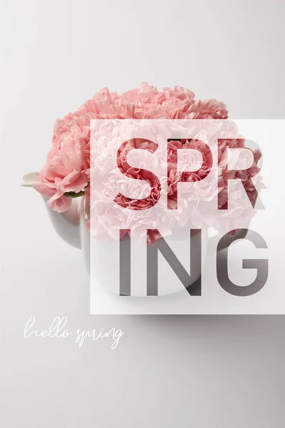 Pink Carnation Flowers White Teapot Grey Background Spring Illustration — Stock Photo, Image