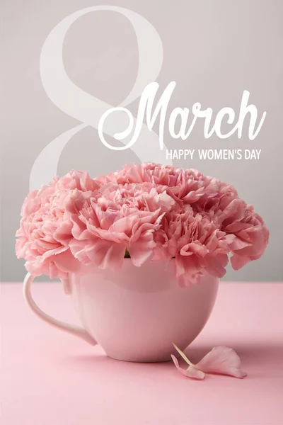 Pink Carnation Flowers Cup Grey Background March Lettering — Stock Photo, Image