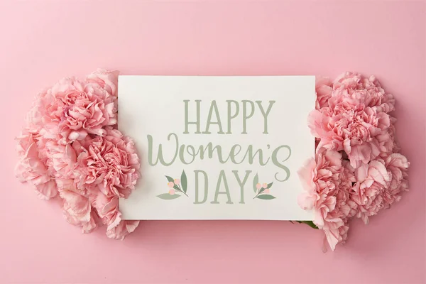 Top View Greeting Card Happy Womens Day Lettering Pink Carnations — Stock Photo, Image