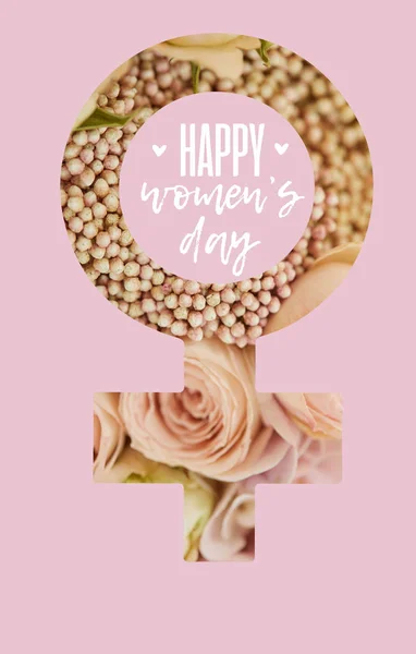 Kvinnliga Tecken Beige Rosor Rosa Bakgrund Med Lyckliga Womens Dag — Stockfoto