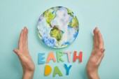 top view of woman holding colorful paper letters and planet picture on turquoise background, earth day concept