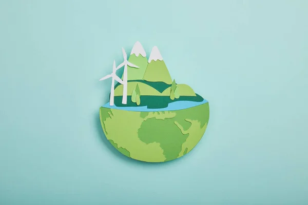 Top View Paper Cut Planet Renewable Energy Sources Turquoise Background — Stock Photo, Image