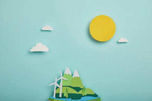 Widok Góry Papieru Wyciąć Planety Odnawialnych Źródeł Energii Turkus Tło — Zdjęcie stockowe