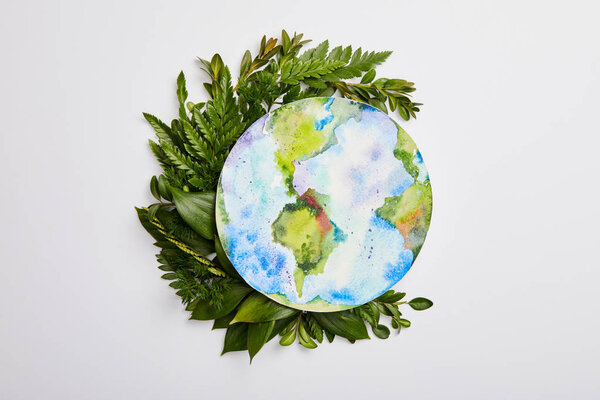 composition of fresh green fern leaves and planet picture isolated on grey background, earth day concept