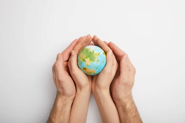 Top View Man Woman Holding Planet Model Grey Background Earth — Stock Photo, Image