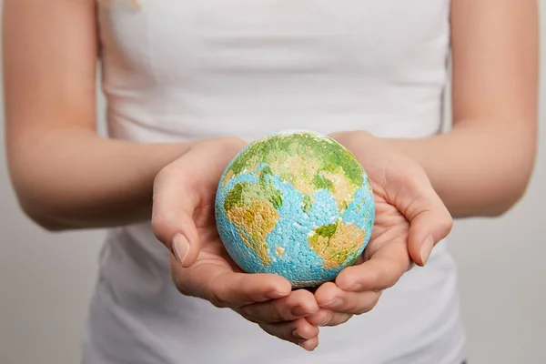 Woman Holding Planet Model Grey Background Earth Day Concept — Stock Photo, Image