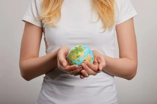 Woman Holding Planet Model Grey Background Earth Day Concept — Stock Photo, Image