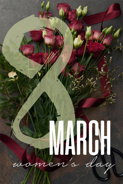 top view of bouquet with purple eustoma flowers and burgundy ribbon on textured background with 8 march illustration