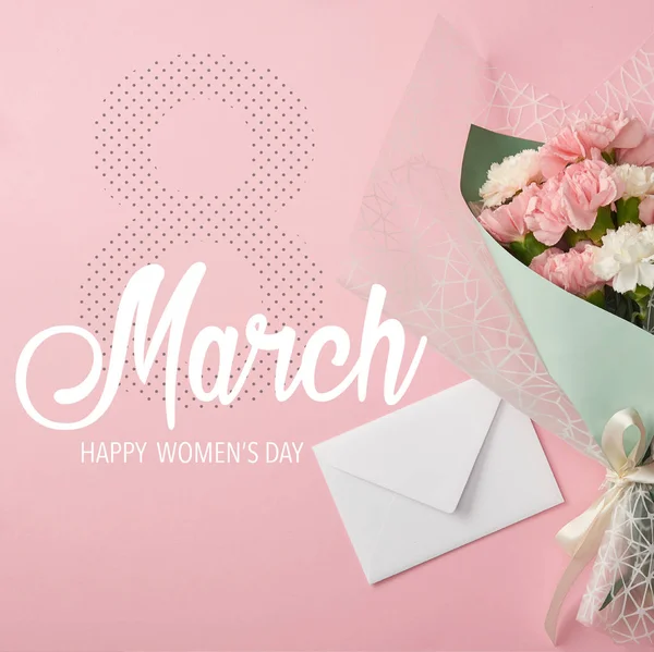 Close Pink White Carnation Flowers Bouquet Envelope Pink Background March — Stock Photo, Image