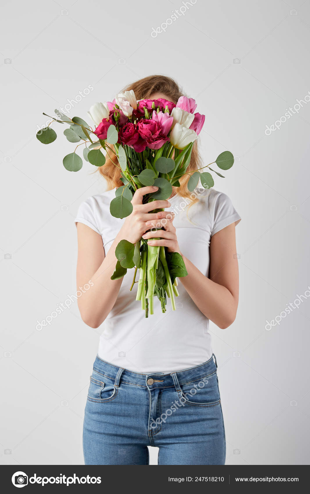 Girl Holding Fresh Bouquet Tulips Eucalyptus Roses Front Face Isolated  Stock Photo by ©AntonMatyukha 247518210