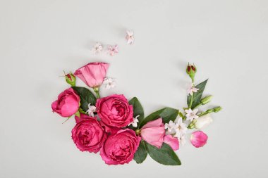 top view of floral composition made of pink roses isolated on white clipart