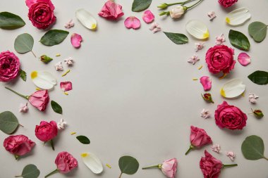 pembe güller ve yaprakları gri izole kopya alanı ile yapılmış yuvarlak çerçeve çiçek Üstten Görünüm