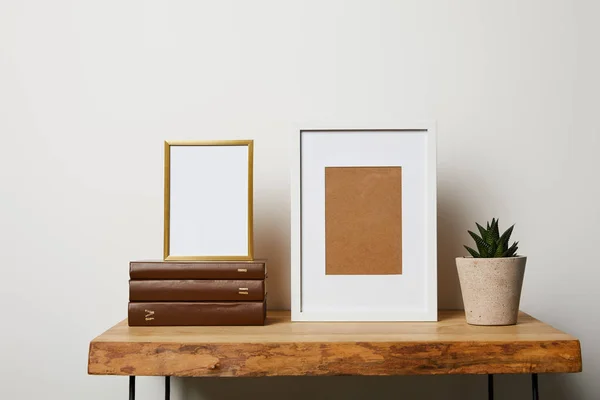 Books Cactus Pot Frames Wooden Table — Stock Photo, Image