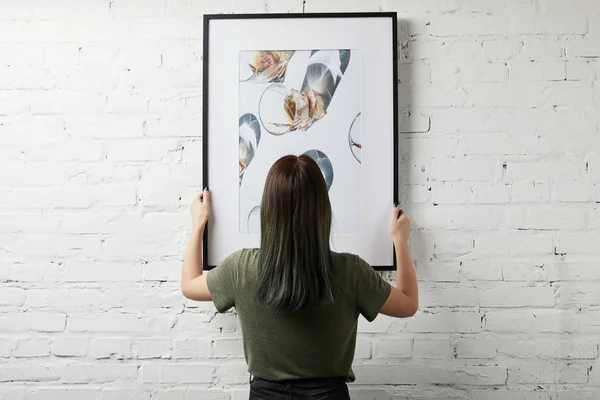 Back View Woman Holding Drawing Black Square Frame — Stock Photo, Image