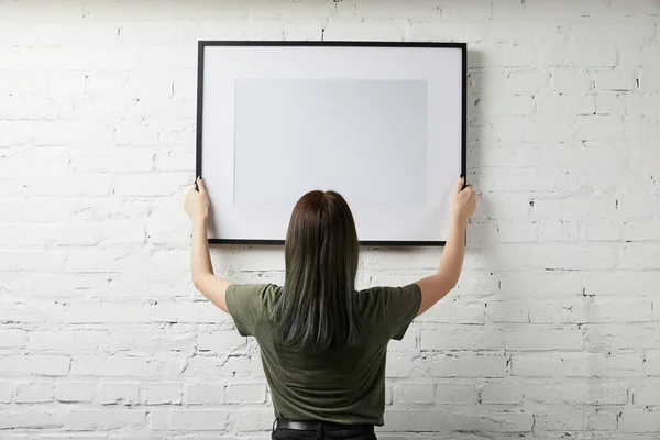 Back View Woman Holding Blank Black Frame Hands — Stock Photo, Image