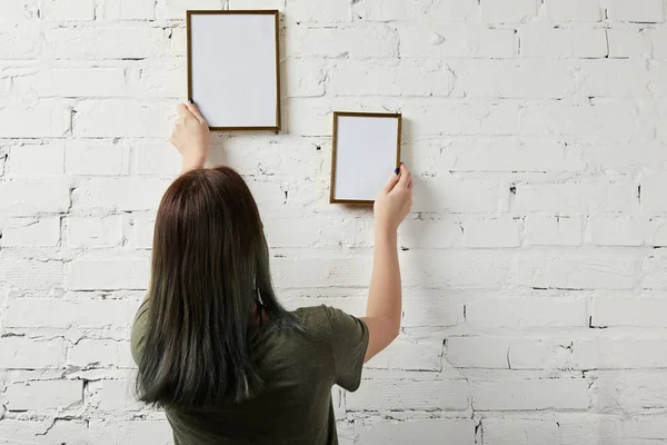 Back View Woman Holding Blank Frames Hands — Stock Photo, Image