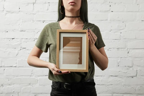 Cropped View Woman Standing Holding Blank Square Frame Hands — Stock Photo, Image