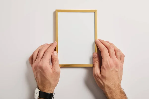 Cropped View Man Holding Blank Frame Hands White Background — Stock Photo, Image