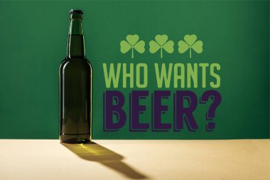 glass beer bottle near who wants beer lettering on green background