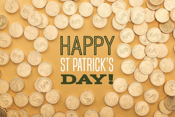 Top View Golden Shiny Coins Happy Patricks Day Lettering Orange — Stock Photo, Image