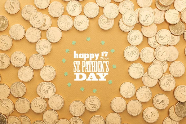 Top View Golden Coins Dollar Signs Circle Shamrocks Happy Patricks — Stock Photo, Image