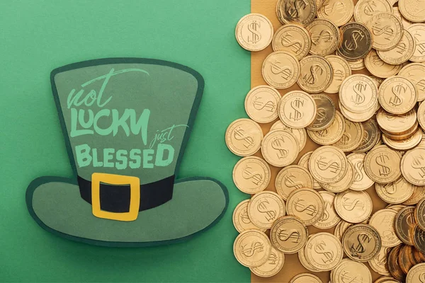 Top View Golden Coins Paper Hat Lucky Just Blessed Lettering — Stock Photo, Image