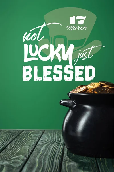 Golden Coins Pot Lucky Just Blessed Lettering Green Background — Stock Photo, Image