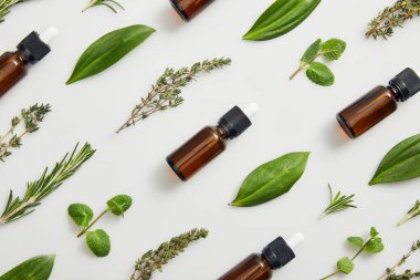 Flat lay with bottles on essential oil and green herbs on grey background clipart