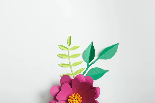 Top View Pink Paper Flower Green Plants Grey Background — Stock Photo, Image