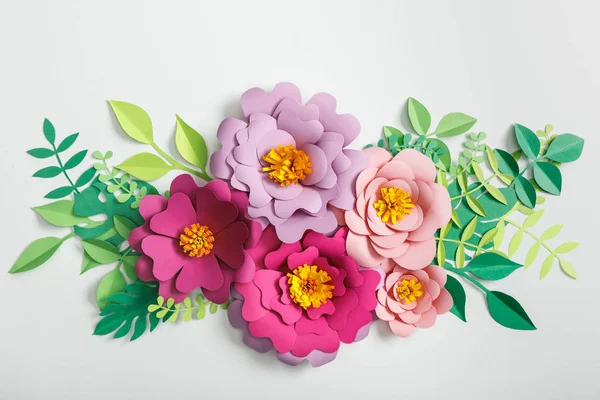 Top View Pink Lilac Paper Flowers Green Leaves Grey Background — Stock Photo, Image